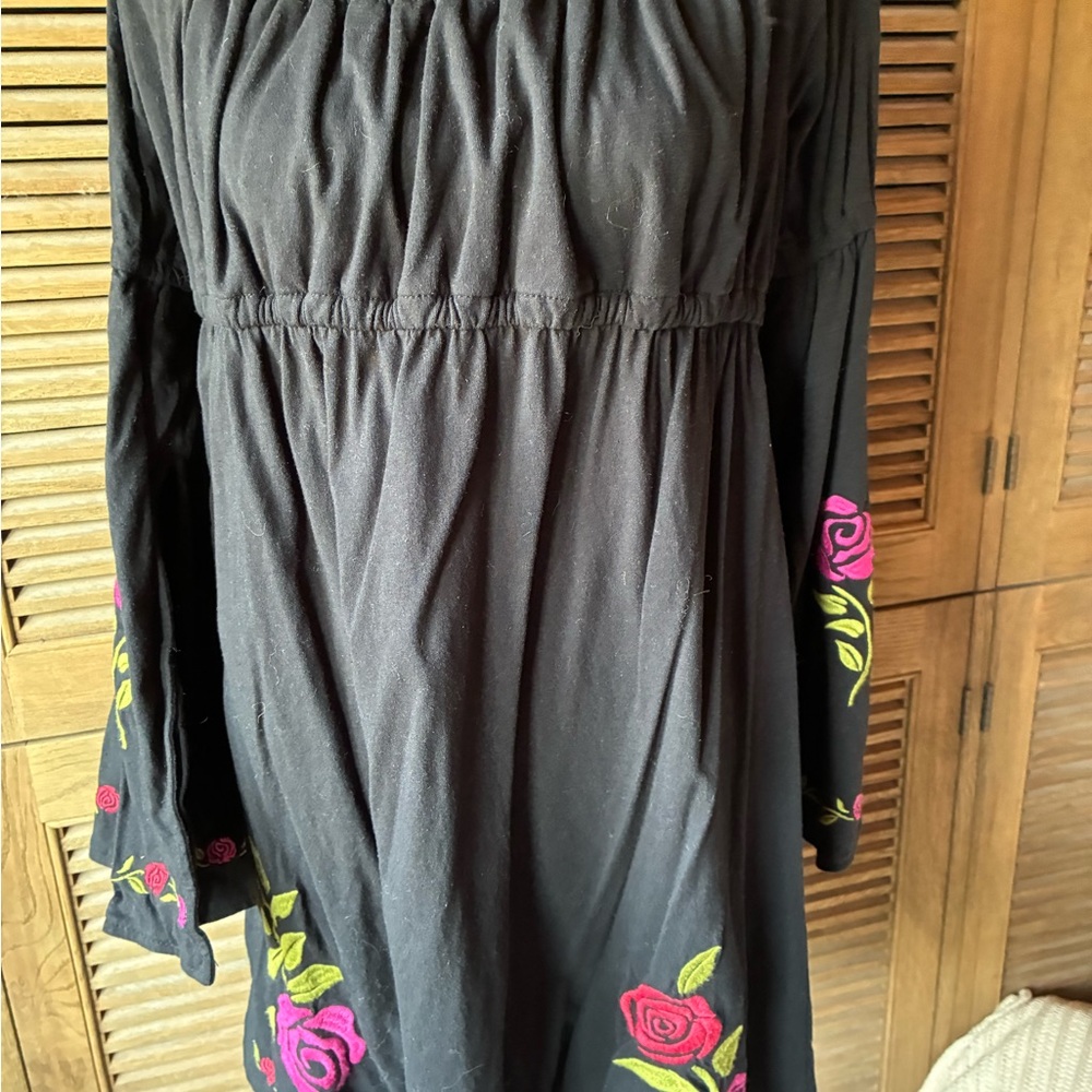 Ruby Rd. Black Dress with Pink and Green Floral Embroidery